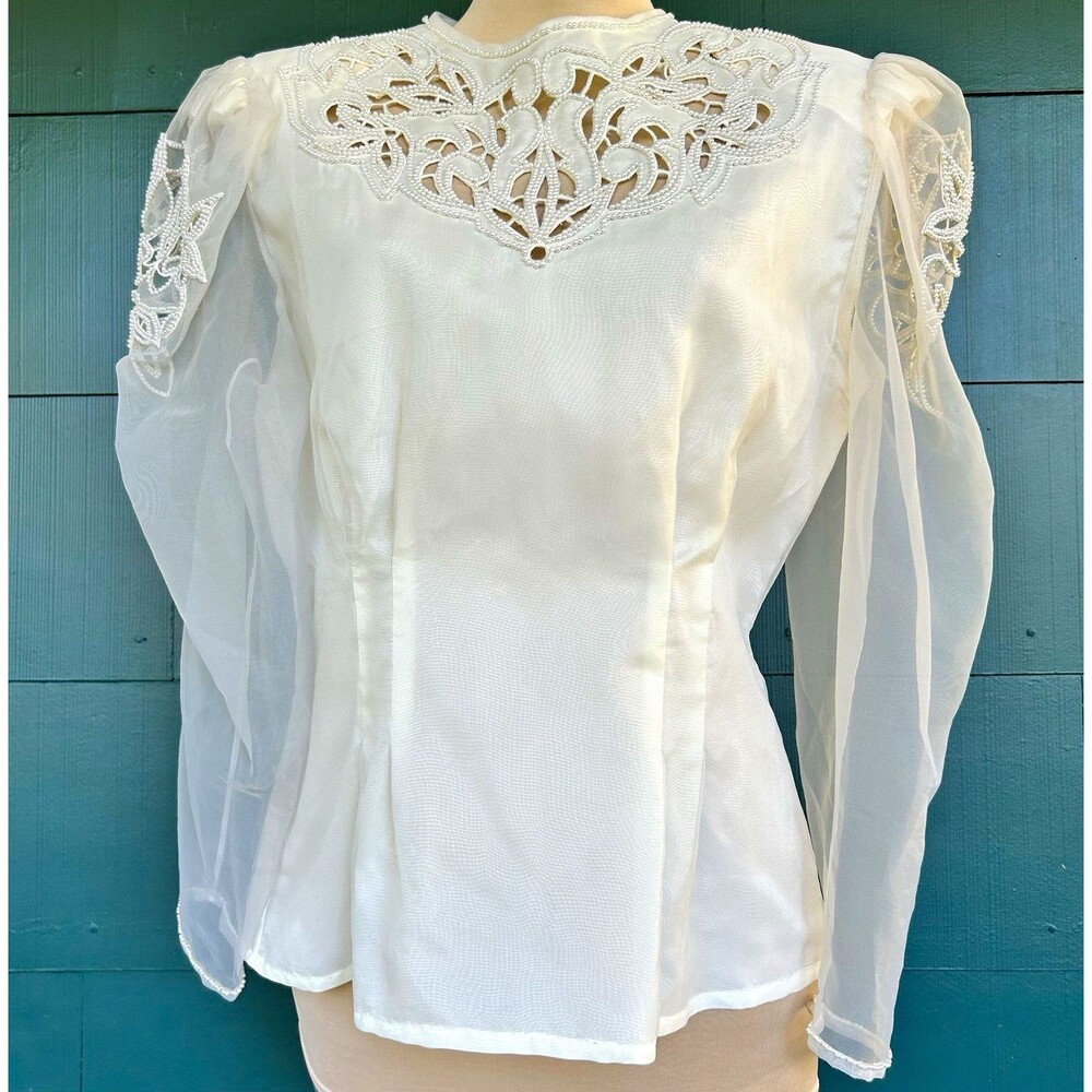 Vintage Della Victorian Pearl Beaded Sheer Organza Sleeve Blouse Top Medium